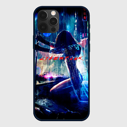 Чехол iPhone 12 Pro Max Cyberpunk девушка с катаной / 3D-Черный – фото 1