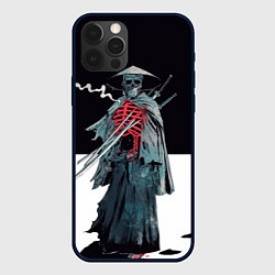 Чехол для iPhone 12 Pro Max Скелет Самурай с трубкой на черно белом фоне, цвет: 3D-черный
