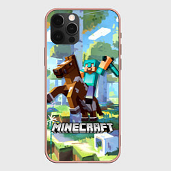 Чехол для iPhone 12 Pro Max Майнкрафт на коне в березовом лесу, цвет: 3D-светло-розовый