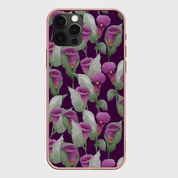 Чехол для iPhone 12 Pro Max Фиолетовые каллы на темно фиолетовом фоне, цвет: 3D-светло-розовый