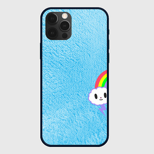 Чехол iPhone 12 Pro Max Облачко на голубом мехе с радугой парная / 3D-Черный – фото 1