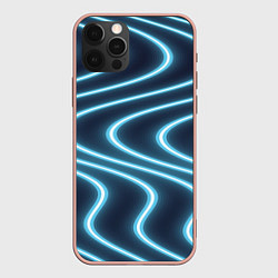 Чехол для iPhone 12 Pro Max Неоновый свет Волны голубые на темном фоне, цвет: 3D-светло-розовый