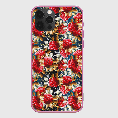 Чехол iPhone 12 Pro Max Яркие розы на темном фоне / 3D-Малиновый – фото 1