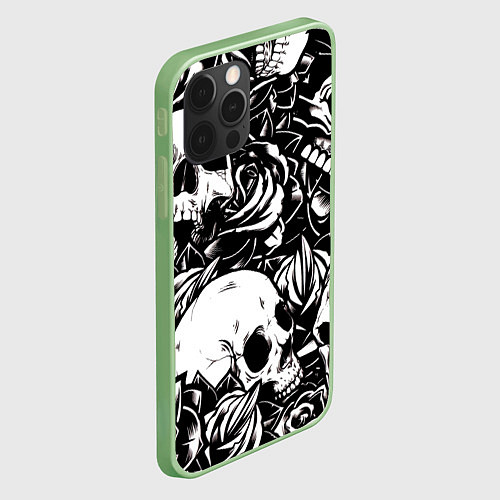 Чехол iPhone 12 Pro Max Черепа и розы на черном фоне / 3D-Салатовый – фото 2