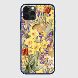 Чехол для iPhone 12 Pro Max Цветы Нарциссы и Зайцы, цвет: 3D-тёмно-синий
