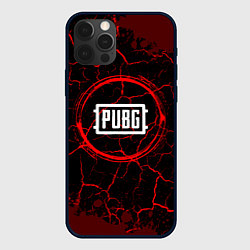 Чехол для iPhone 12 Pro Max Символ PUBG и краска вокруг на темном фоне, цвет: 3D-черный