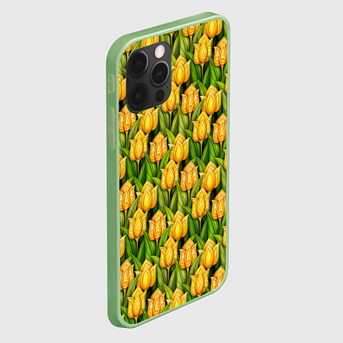 Чехол iPhone 12 Pro Max Желтые тюльпаны паттерн / 3D-Салатовый – фото 2