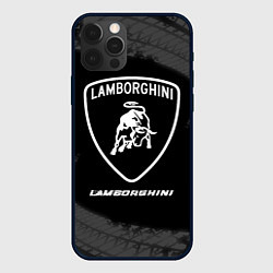 Чехол для iPhone 12 Pro Max Lamborghini Speed на темном фоне со следами шин, цвет: 3D-черный