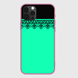 Чехол для iPhone 12 Pro Max Черные кружева на ярком неоновом зеленом фоне lace, цвет: 3D-малиновый