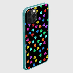 Чехол для iPhone 12 Pro Max Сердечки разноцветные на черном, цвет: 3D-мятный — фото 2
