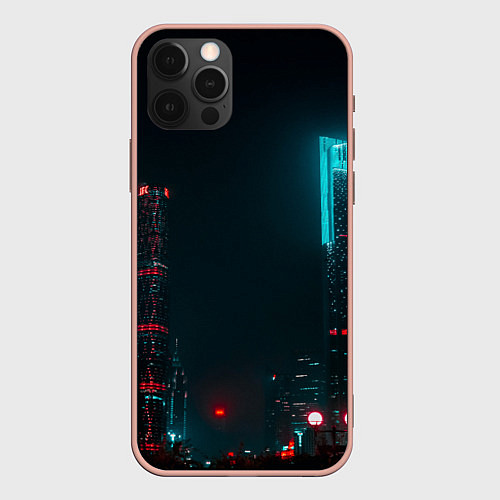 Чехол iPhone 12 Pro Max Неоновые высотки в городе - Светло-синий / 3D-Светло-розовый – фото 1