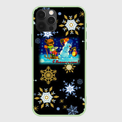 Чехол для iPhone 12 Pro Max Новый Год Зайчик и Мишка Соревнуются, цвет: 3D-салатовый