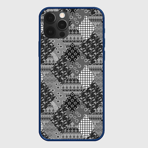 Чехол iPhone 12 Pro Max Black and White Ethnic Patchwork Pattern / 3D-Тёмно-синий – фото 1