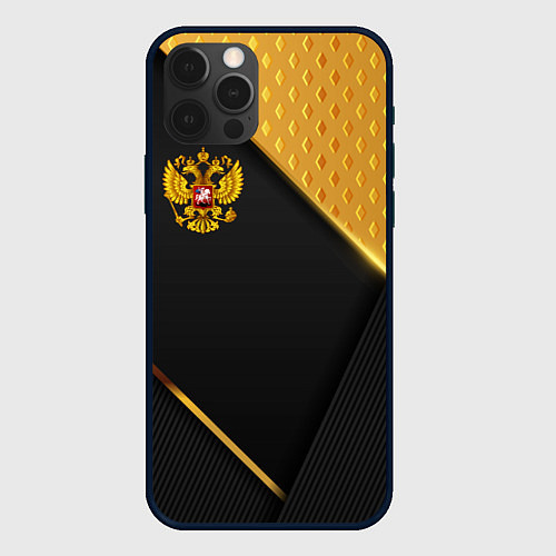 Чехол iPhone 12 Pro Max Герб России на черном фоне с золотыми вставками / 3D-Черный – фото 1