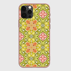 Чехол для iPhone 12 Pro Max Зеленые узоры и оранжевые цветы, цвет: 3D-светло-розовый