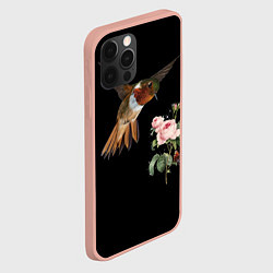 Чехол для iPhone 12 Pro Max Птицы колибри розы на черном фоне, цвет: 3D-светло-розовый — фото 2