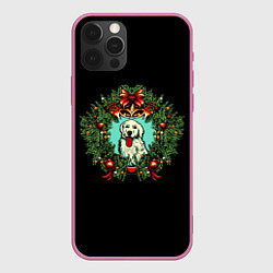 Чехол для iPhone 12 Pro Max Новый год венок и собака, цвет: 3D-малиновый