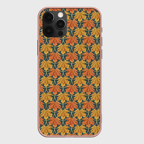 Чехол iPhone 12 Pro Max Осенние кленовые листья в золотой чешуей на бирюзо / 3D-Светло-розовый – фото 1