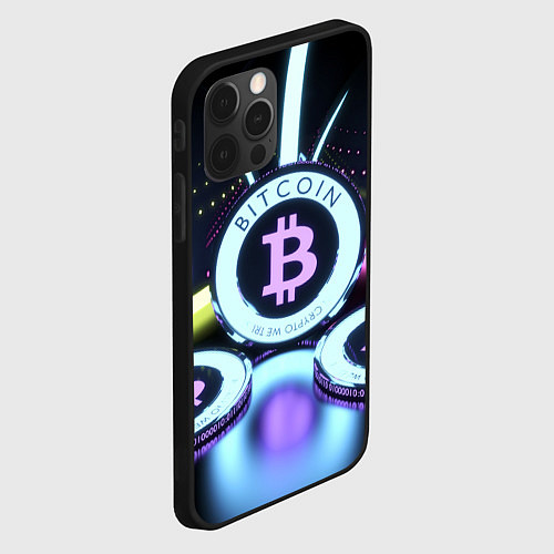 Чехол iPhone 12 Pro Max Неоновый светящийся биткоин / 3D-Черный – фото 2