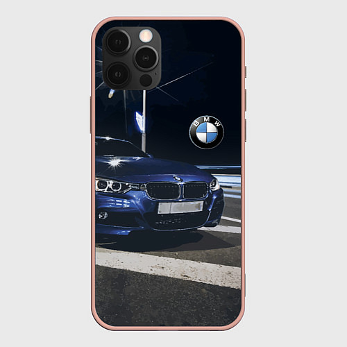 Чехол iPhone 12 Pro Max BMW на ночной трассе / 3D-Светло-розовый – фото 1