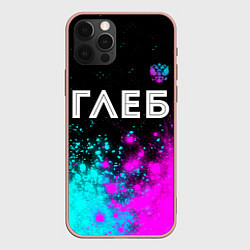 Чехол для iPhone 12 Pro Max Глеб и неоновый герб России: символ сверху, цвет: 3D-светло-розовый