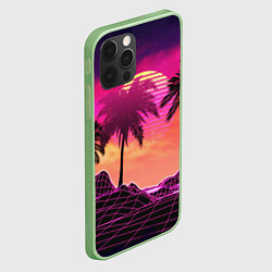 Чехол для iPhone 12 Pro Max Пальмы и пляж в розовом закате ретро дизайн, цвет: 3D-салатовый — фото 2