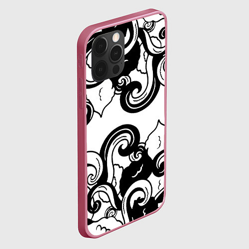 Чехол iPhone 12 Pro Max Черные волнистые узоры на белом / 3D-Малиновый – фото 2