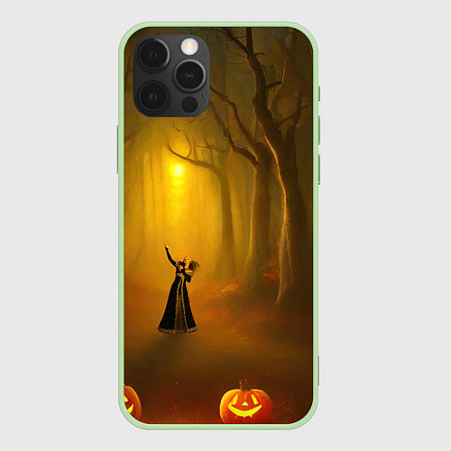 Чехол iPhone 12 Pro Max Ведьма в черном платье в заколдованном лесу с тыкв / 3D-Салатовый – фото 1