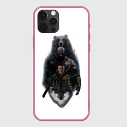 Чехол для iPhone 12 Pro Max Кратос медведь и Атрей волк GoW Ragnarok, цвет: 3D-малиновый
