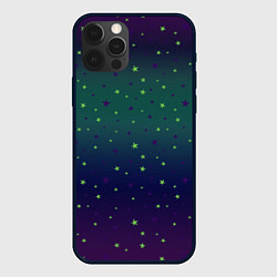 Чехол для iPhone 12 Pro Max Неоновые зеленые и сиреневые звезды на темно зелен, цвет: 3D-черный