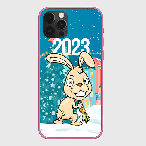 Чехол iPhone 12 Pro Max Кролик у елочки / 3D-Малиновый – фото 1