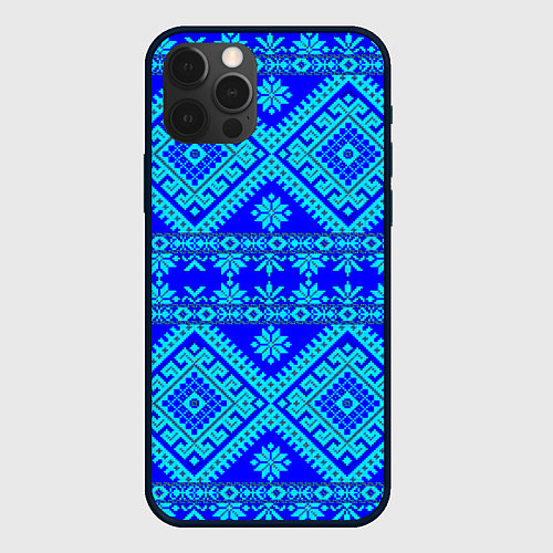 Чехол iPhone 12 Pro Max Сине-голубые узоры - вышивка / 3D-Черный – фото 1