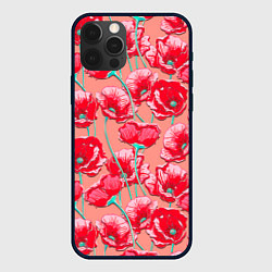 Чехол для iPhone 12 Pro Max Красные маки - паттерн, цвет: 3D-черный