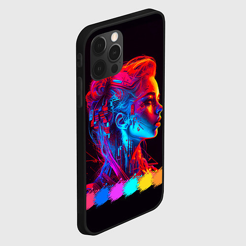 Чехол iPhone 12 Pro Max Нейросеть - девушка киборг в неоновом свечении / 3D-Черный – фото 2