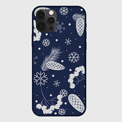 Чехол для iPhone 12 Pro Max Зимние ягоды и шишки на синем фоне, цвет: 3D-черный