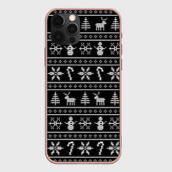 Чехол для iPhone 12 Pro Max Узор с ёлками снежинками и оленями, цвет: 3D-светло-розовый