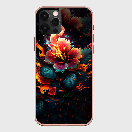 Чехол iPhone 12 Pro Max Огненный цветок на темном фоне / 3D-Светло-розовый – фото 1