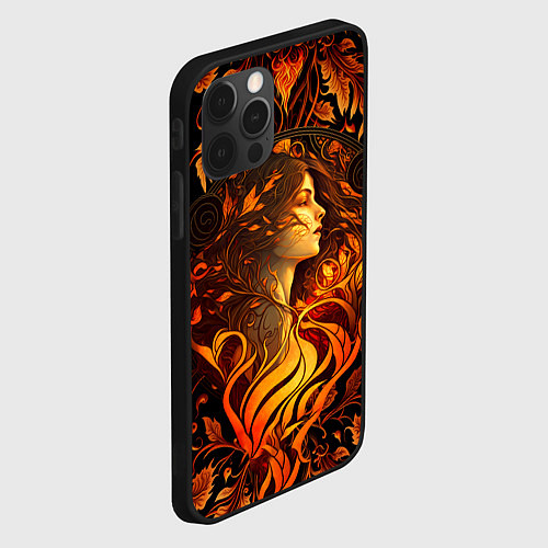 Чехол iPhone 12 Pro Max Девушка в стиле ар-нуво с огнем и осенними листьям / 3D-Черный – фото 2