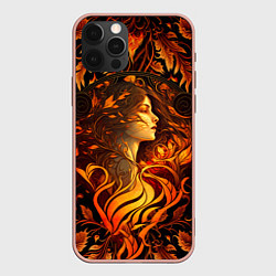 Чехол для iPhone 12 Pro Max Девушка в стиле ар-нуво с огнем и осенними листьям, цвет: 3D-светло-розовый