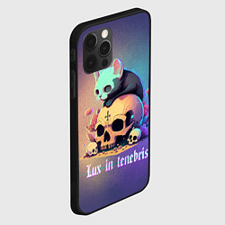 Чехол для iPhone 12 Pro Max Черный котенок на черепе мрачный неоновый фон, цвет: 3D-черный — фото 2