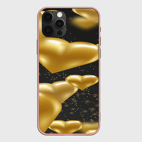 Чехол iPhone 12 Pro Max Золотые сердца на день святого валентина фон / 3D-Светло-розовый – фото 1