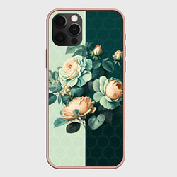 Чехол для iPhone 12 Pro Max Розы на зеленом фоне, цвет: 3D-светло-розовый