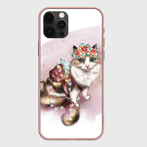 Чехол iPhone 12 Pro Max Милая кошечка с цветами / 3D-Светло-розовый – фото 1