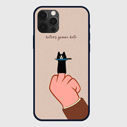 Чехол для iPhone 12 Pro Max Котик с ножиком и средний палец - текстура холста, цвет: 3D-черный