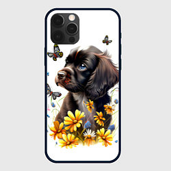 Чехол для iPhone 12 Pro Max Черный щенок и жёлтые полевые цветы, цвет: 3D-черный