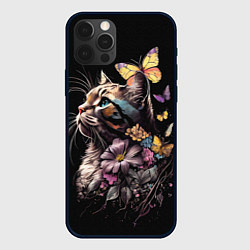 Чехол для iPhone 12 Pro Max Голубоглазый кот в цветах, цвет: 3D-черный