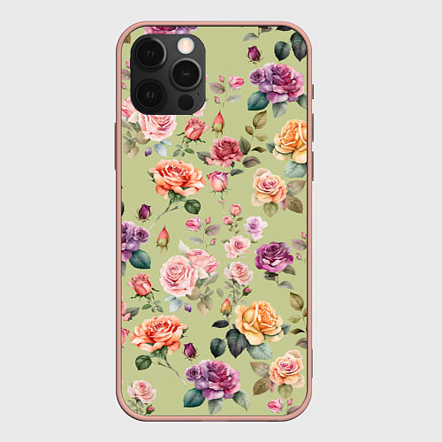 Чехол iPhone 12 Pro Max Акварельные цветы - паттерн зеленый / 3D-Светло-розовый – фото 1