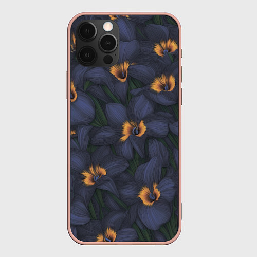 Чехол iPhone 12 Pro Max Темно-синие цветы / 3D-Светло-розовый – фото 1