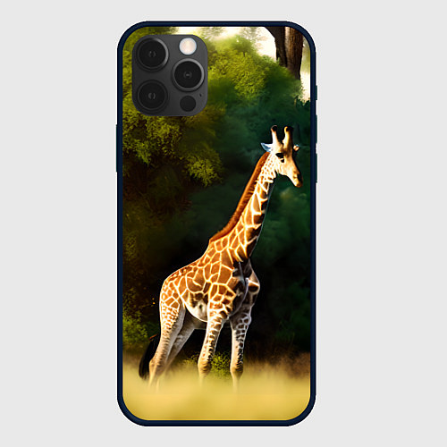 Чехол iPhone 12 Pro Max Жираф на фоне деревьев / 3D-Черный – фото 1