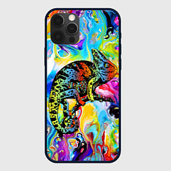 Чехол для iPhone 12 Pro Max Маскировка хамелеона на фоне ярких красок, цвет: 3D-черный